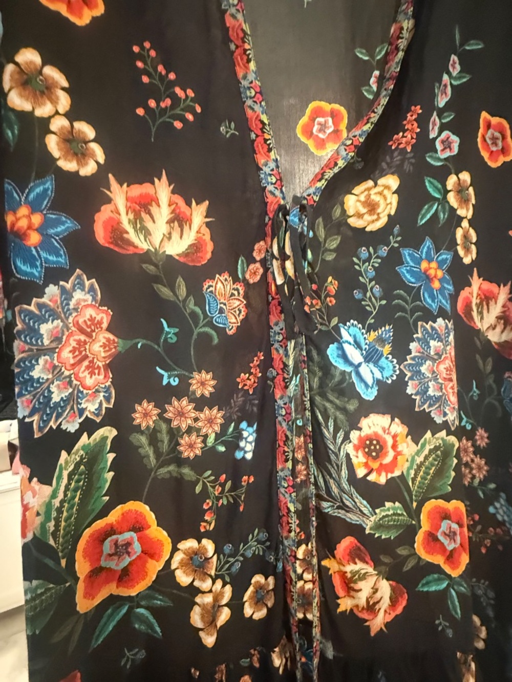Johnny Was Nora Ruffle Kimono Black Floral Silk Boho Duster Cover-Up - Picture 5 of 13